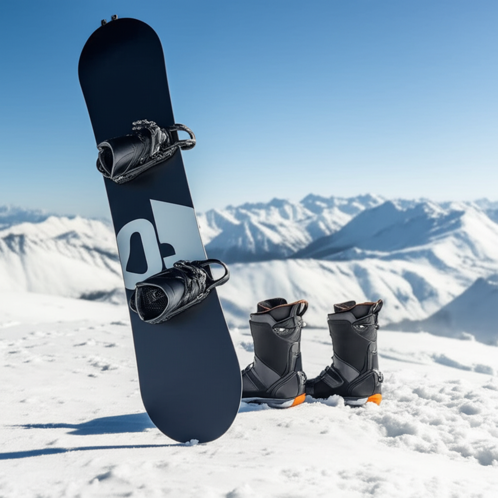Realistic snowboard equipment on snowy mountain