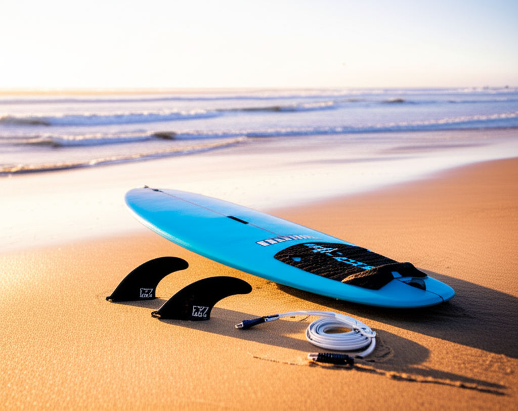 Realistic surfboard on sandy beach with ocean waves
